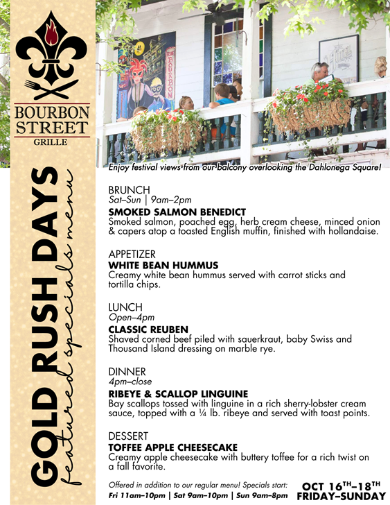Gold Rush Specials Menu at Bourbon Street Grille Dahlonega